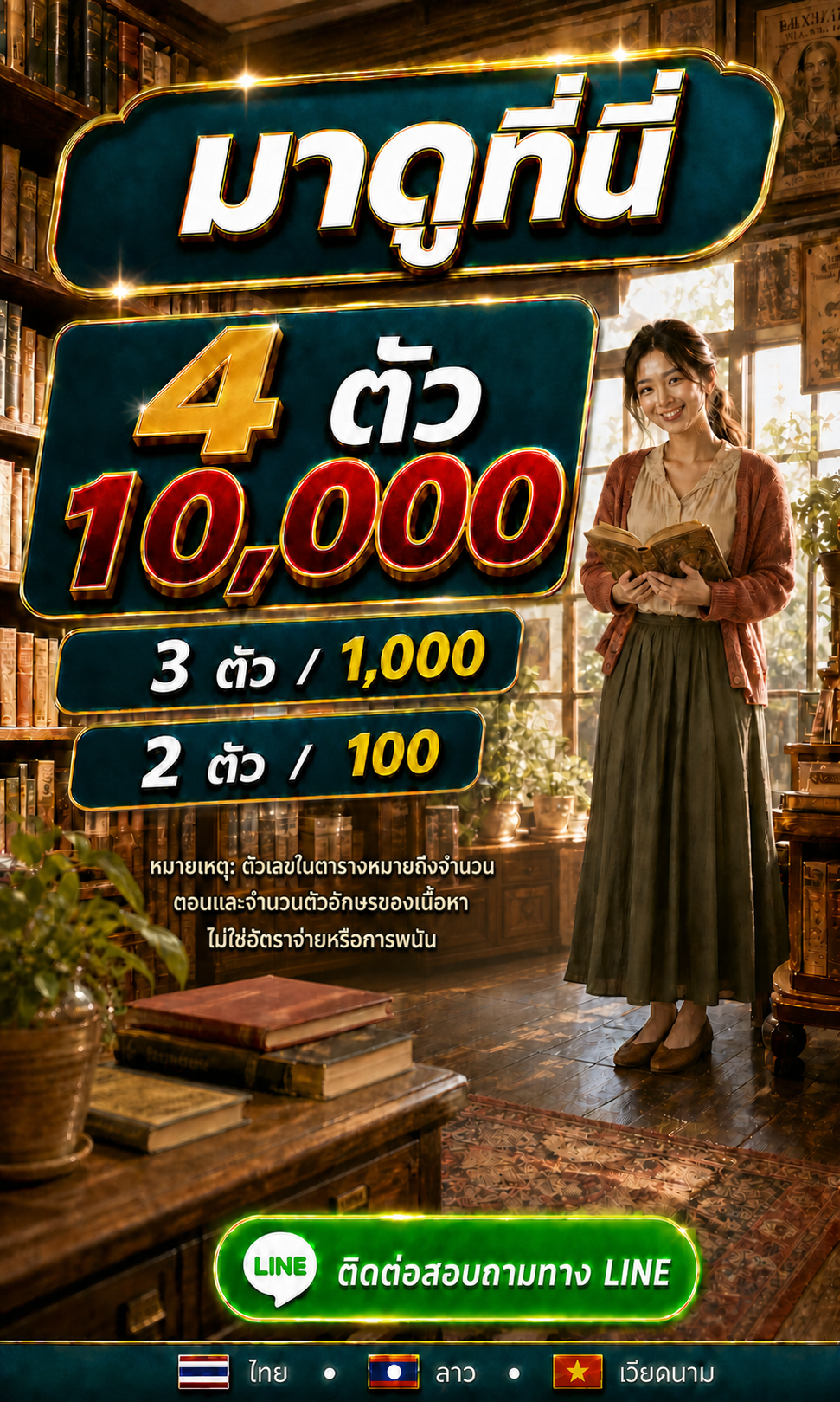ตัวละครหญิงในร้านหนังสือย้อนยุค พร้อมตารางรูปแบบเนื้อหาและช่องทางติดต่อ LINE
